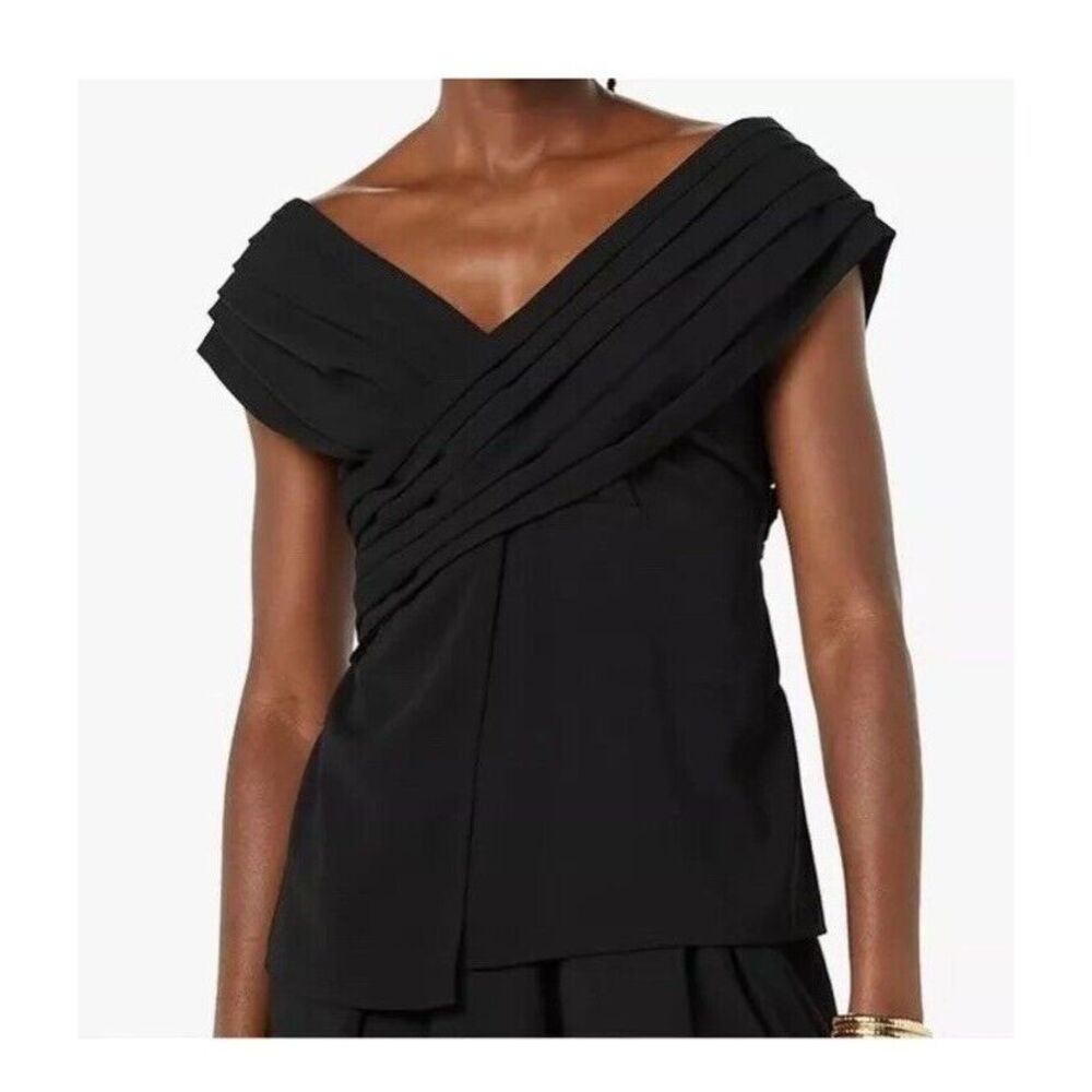 Making the Cut Crepe Crossover Blouse Black Size XS Ruffles Zip Side